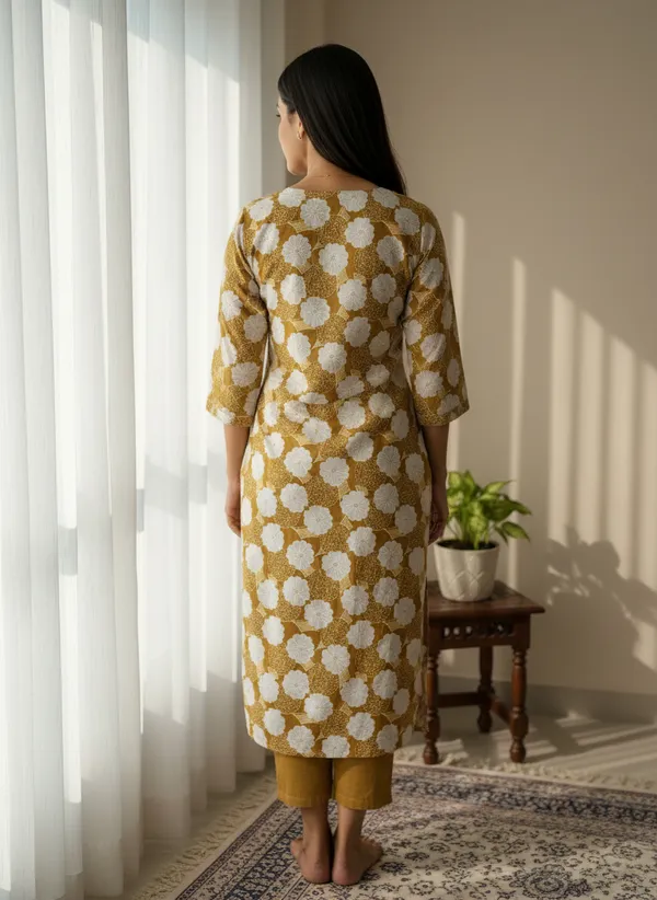 Mustard_Floral_Printed_Straight_Kurti_With_3/4_Sleeves_For_Women