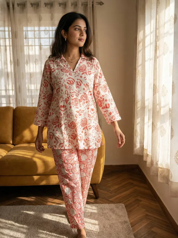 Off-White_&_Red_Floral_Printed_Kurti_Pant_Set_For_Women
