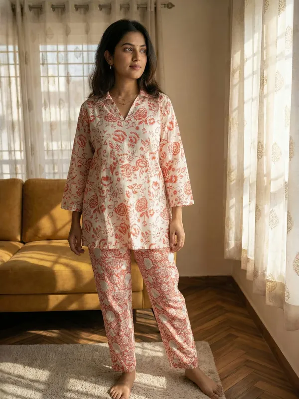 Off-White_&_Red_Floral_Printed_Kurti_Pant_Set_For_Women