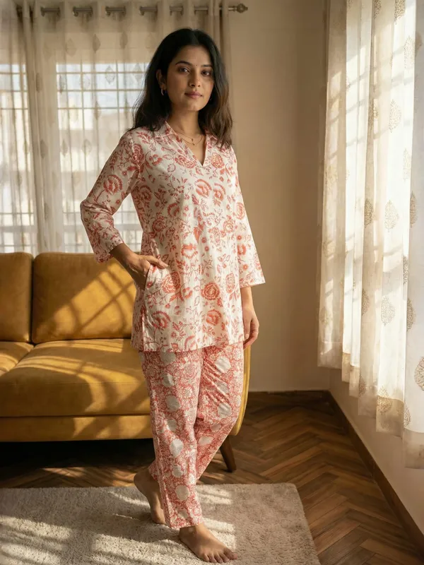 Off-White_&_Red_Floral_Printed_Kurti_Pant_Set_For_Women
