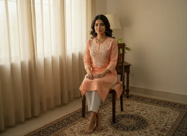 Peach_Embroidered_3/4_Sleeves_Short_Kurti_For_Women