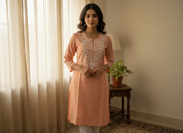 Peach_Embroidered_3/4_Sleeves_Short_Kurti_For_Women