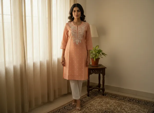 Peach_Embroidered_3/4_Sleeves_Short_Kurti_For_Women