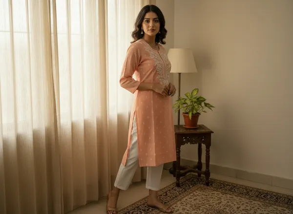 Peach_Embroidered_3/4_Sleeves_Short_Kurti_For_Women