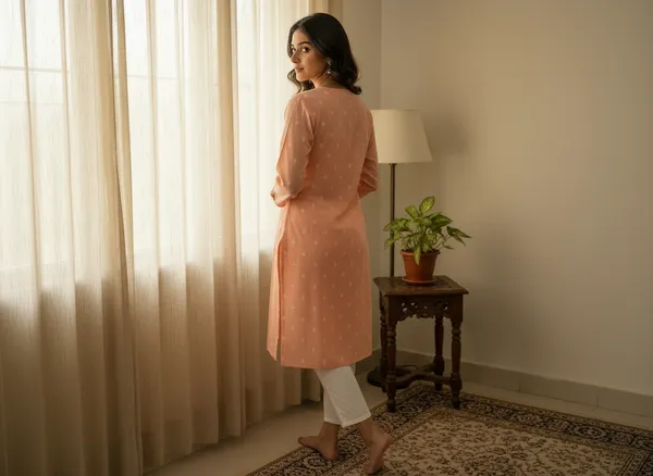 Peach_Embroidered_3/4_Sleeves_Short_Kurti_For_Women
