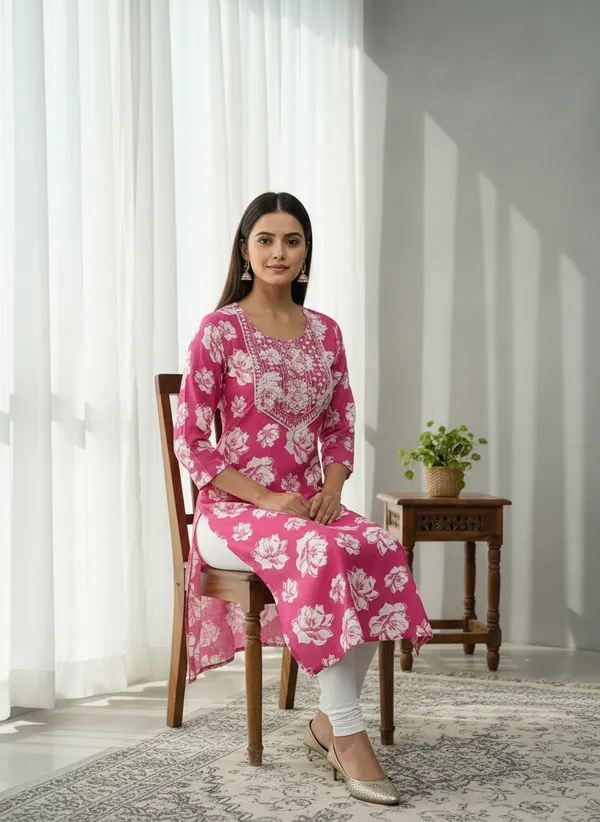 Pink_Floral_Cotton_3/4_Sleeve_Printed_Straight_Kurti_For_Women