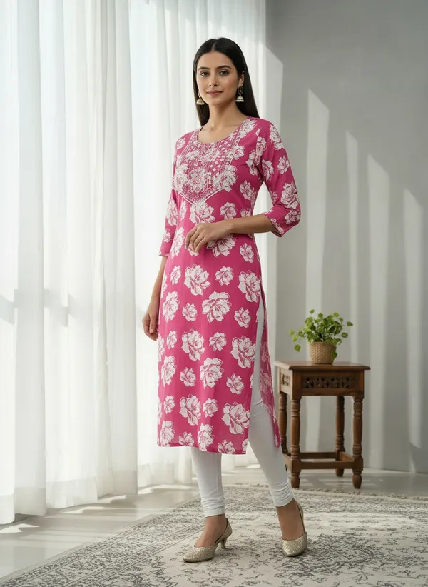 Pink_Floral_Cotton_3/4_Sleeve_Printed_Straight_Kurti_For_Women