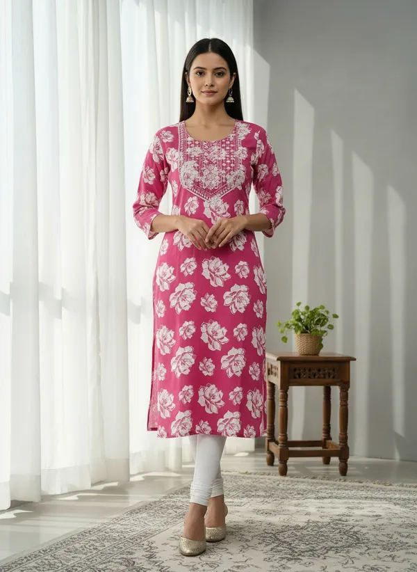Pink_Floral_Cotton_3/4_Sleeve_Printed_Straight_Kurti_For_Women
