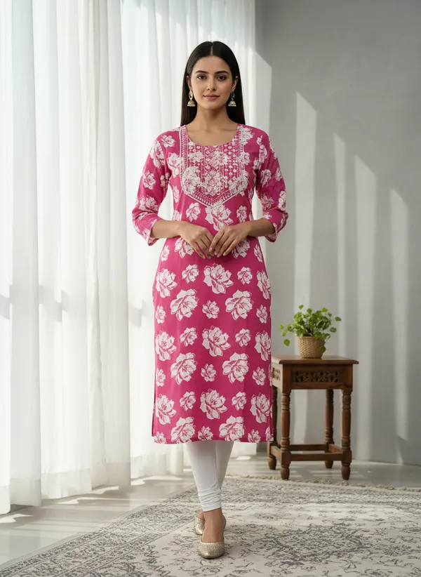 Pink_Floral_Cotton_3/4_Sleeve_Printed_Straight_Kurti_For_Women