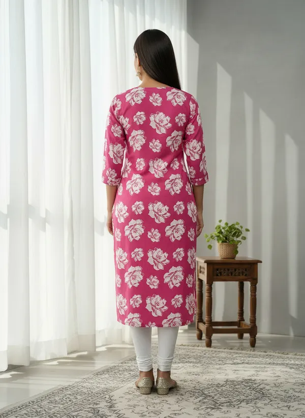 Pink_Floral_Cotton_3/4_Sleeve_Printed_Straight_Kurti_For_Women