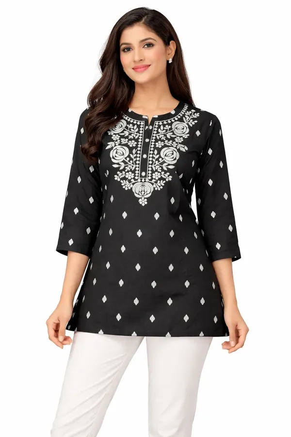 Black_Cotton_Printed_Embroidered_Straight_Kurta_For_Women