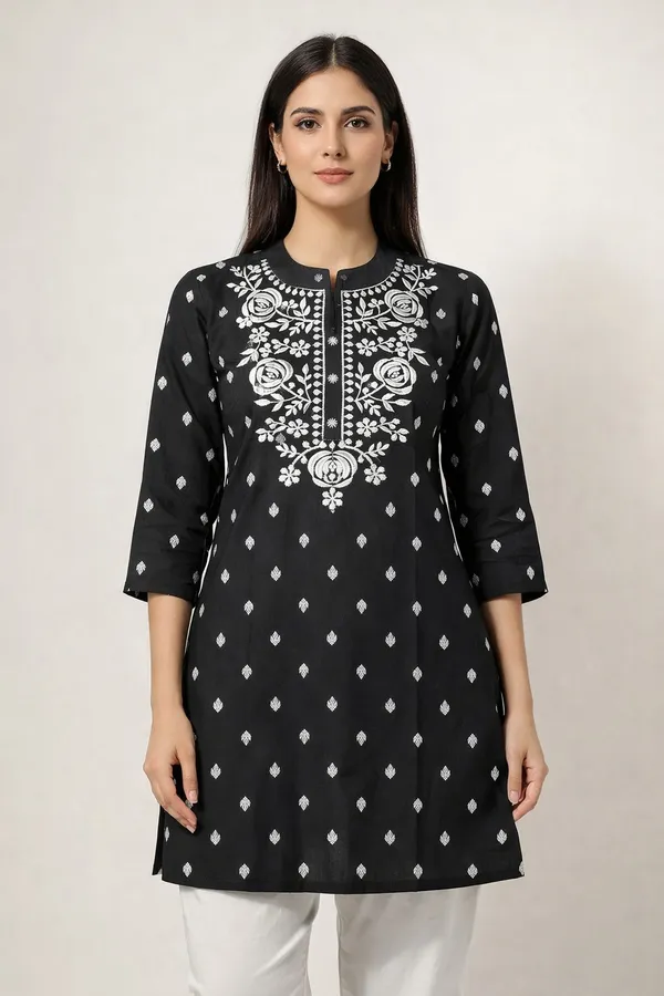 Black_Cotton_Printed_Embroidered_Straight_Kurta_For_Women