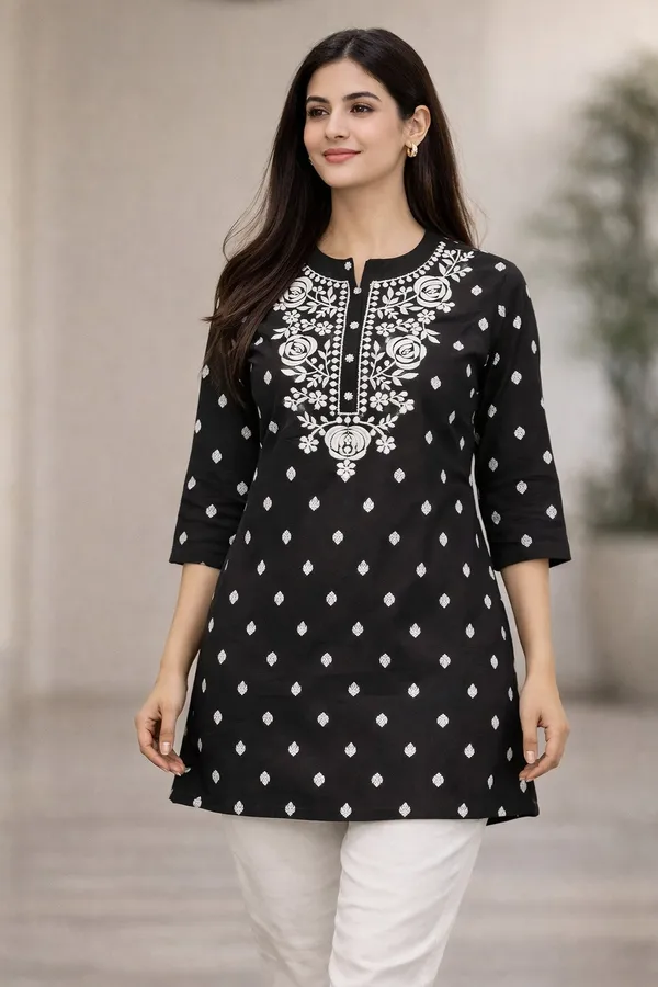 Black_Cotton_Printed_Embroidered_Straight_Kurta_For_Women