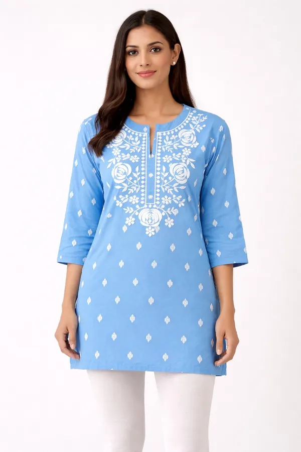 Sky_Blue_Embroidered_Straight_Short_Kurti_For_Women