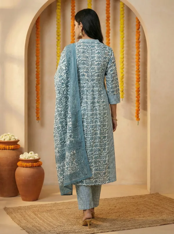 Teal_Blue_Printed_Anarkali_Kurta_Set_With_Dupatta_For_Women