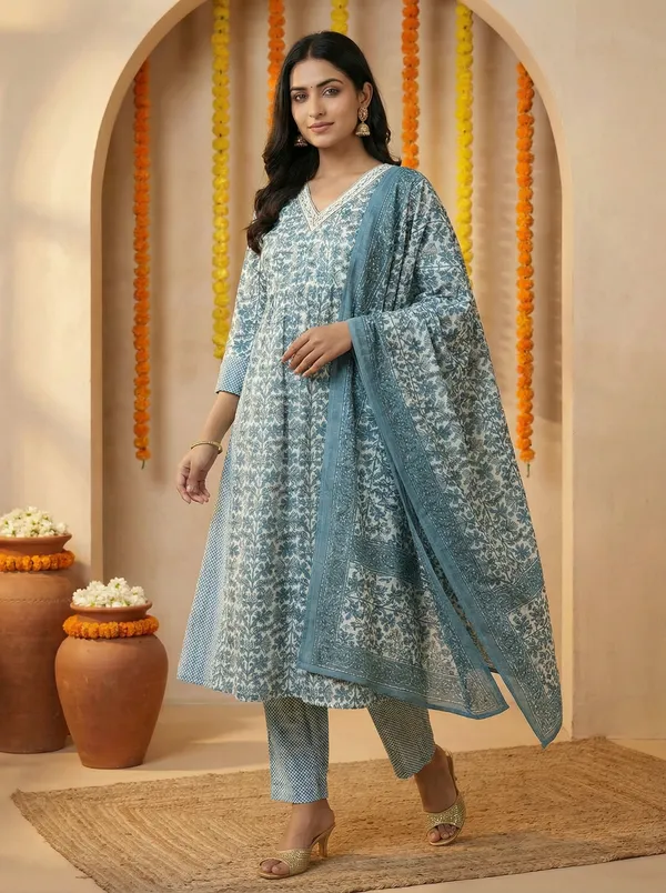 Teal_Blue_Printed_Anarkali_Kurta_Set_With_Dupatta_For_Women