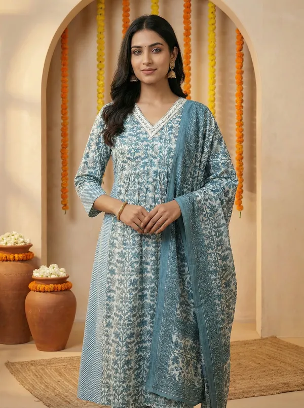 Teal_Blue_Printed_Anarkali_Kurta_Set_With_Dupatta_For_Women