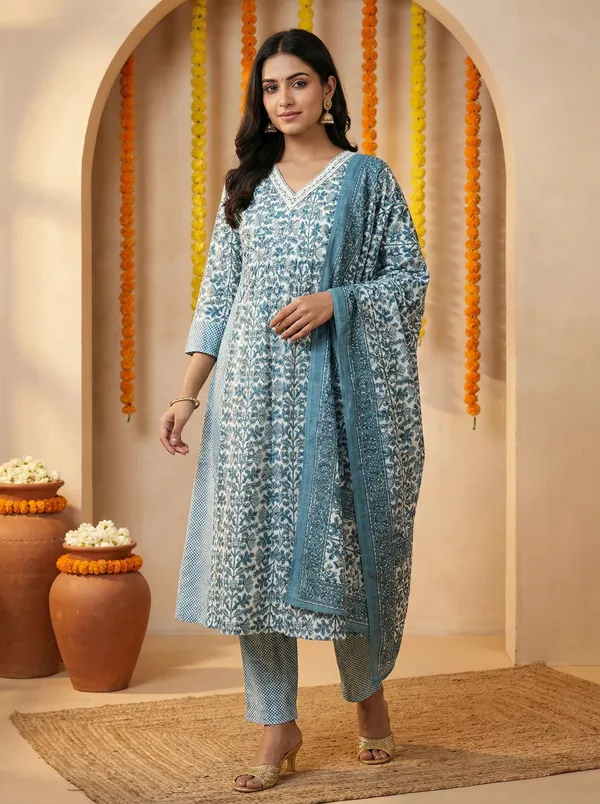 Teal_Blue_Printed_Anarkali_Kurta_Set_With_Dupatta_For_Women