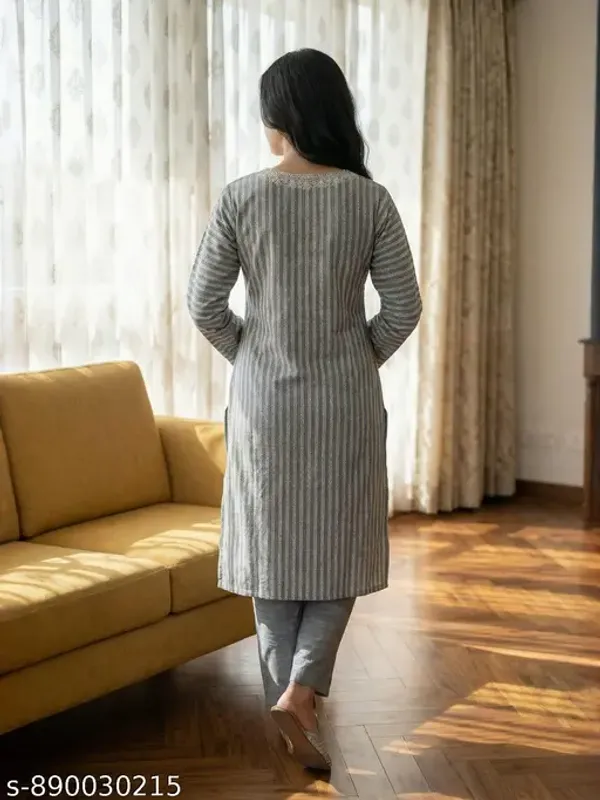 Grey_Cotton_Fabric_Minimal_Striped_Print_Casual_Kurta_Set_For_Women