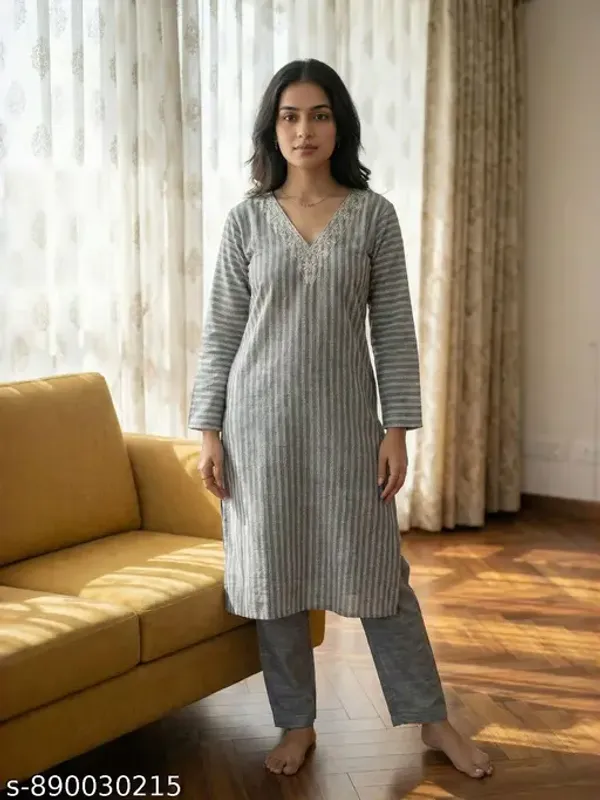 Grey_Cotton_Fabric_Minimal_Striped_Print_Casual_Kurta_Set_For_Women