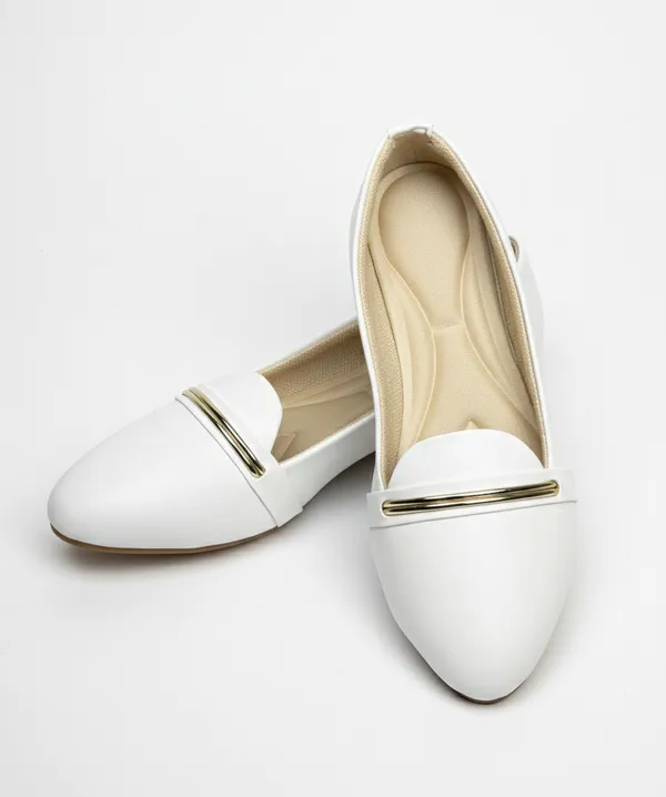 White_Pointed_Toe_Ballet_Flats_With_Metal_Bar_Detail_For_Women