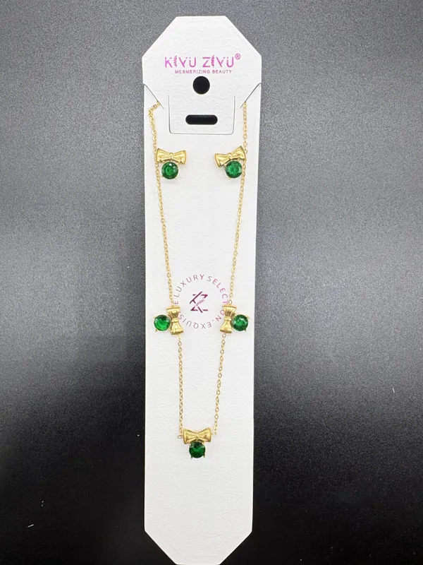 Green_Stone_Alloy_Bow_Pendant_Necklace_And_Earring_Set_For_Women