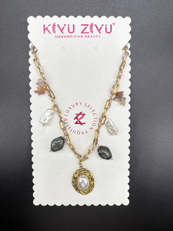 White_Pearl_Gold_Tone_Alloy_Oval_Pendant_Charm_Necklace_For_Women