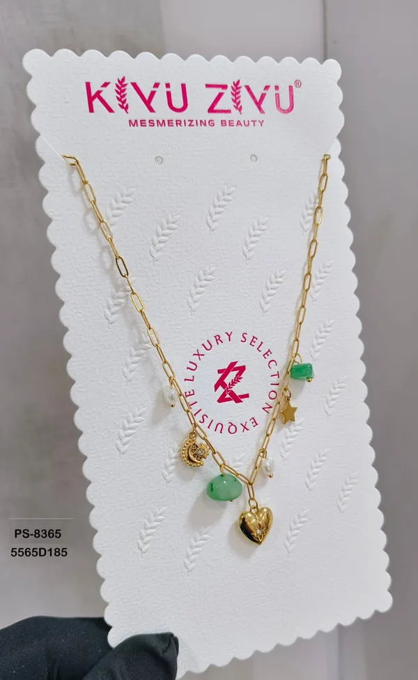 Green_Bead_Gold_Tone_Heart_Charm_Necklace_For_Women
