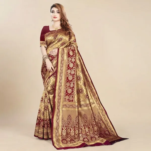 Gold_And_Red_Lycra_Blend_Saree_For_Women