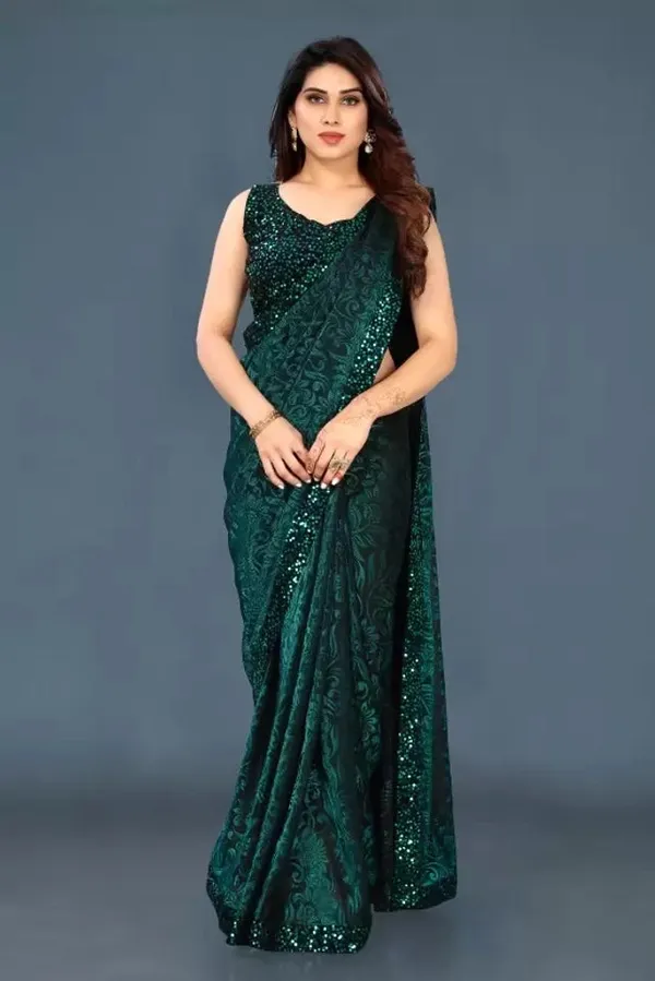 Bottle_Green_Lycra_Blend_Saree_For_Women