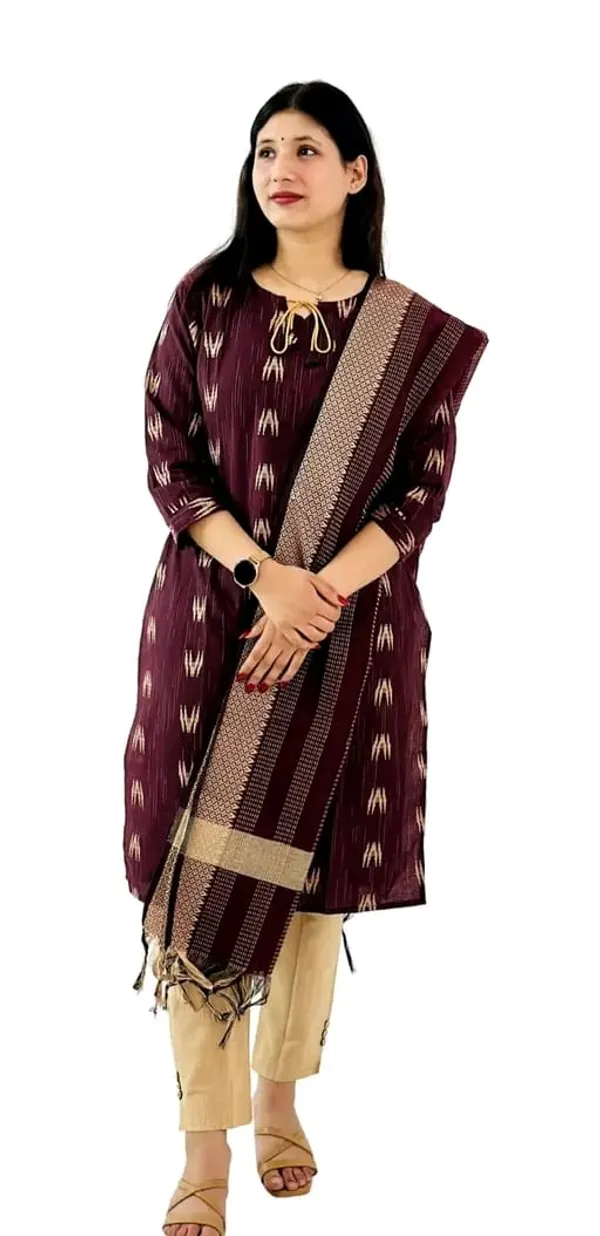 Maroon_Cotton_Kurti_Pant_And_Dupatta_Set_For_Women