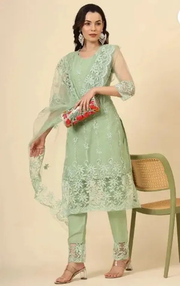 Mint_Green_Cotton_Kurta_Pant_And_Dupatta_Set_For_Women