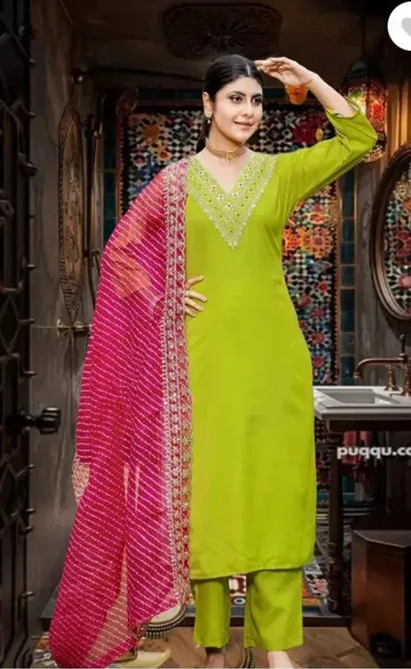 Parrot_Green_Cotton_Kurta_Pant_And_Dupatta_Set_For_Women