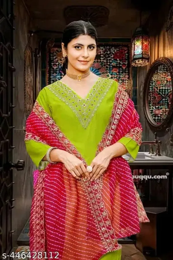 Parrot_Green_Cotton_Kurta_Pant_And_Dupatta_Set_For_Women