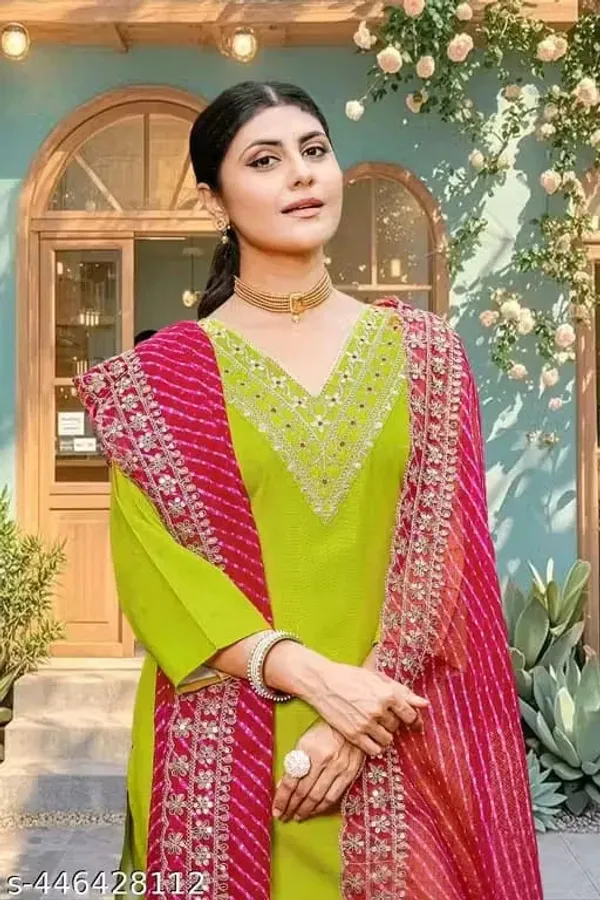 Parrot_Green_Cotton_Kurta_Pant_And_Dupatta_Set_For_Women