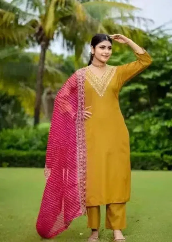 Mustard_Yellow_Cotton_Kurta_Pant_And_Dupatta_Set_For_Women