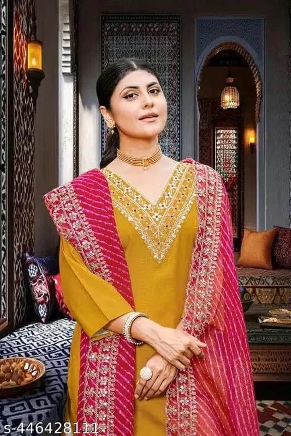 Mustard_Yellow_Cotton_Kurta_Pant_And_Dupatta_Set_For_Women