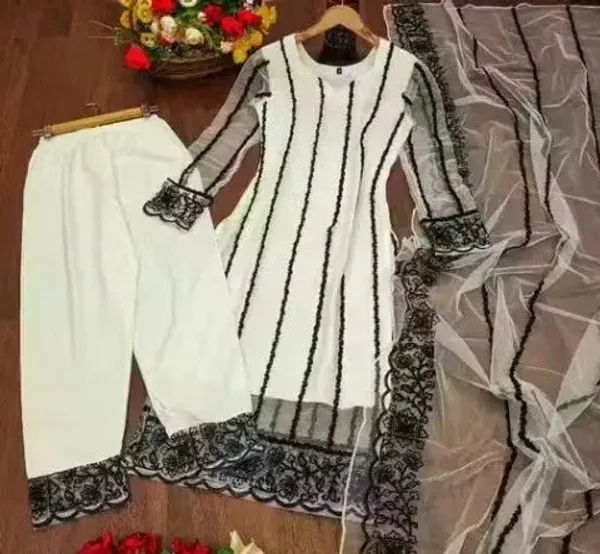 White_Cotton_Kurta_Pant_And_Dupatta_Set_For_Women
