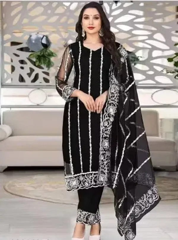 Black_Cotton_Kurta_Pant_And_Dupatta_Set_For_Women