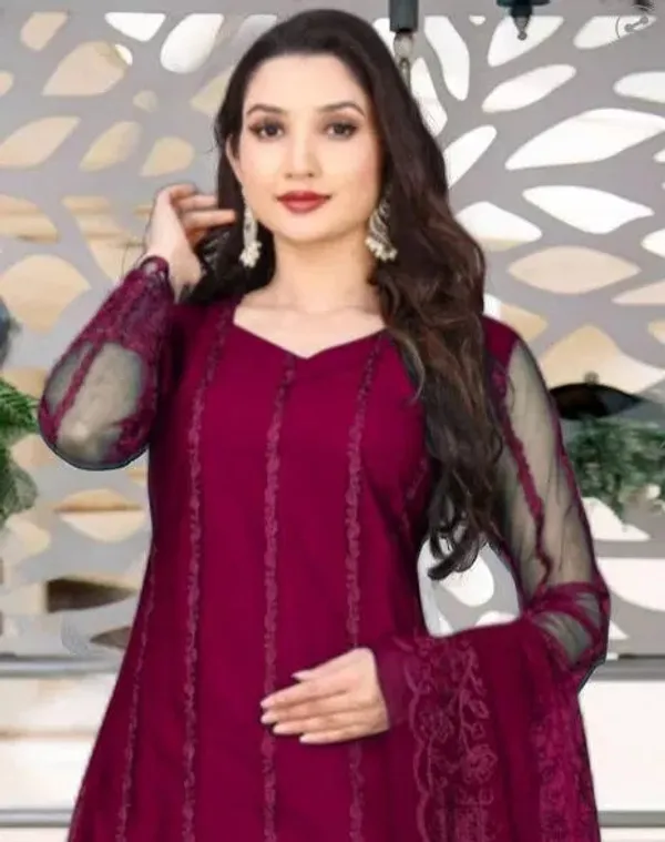 Wine_Cotton_Kurta_Pant_And_Dupatta_Set_For_Women