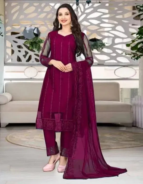 Wine_Cotton_Kurta_Pant_And_Dupatta_Set_For_Women