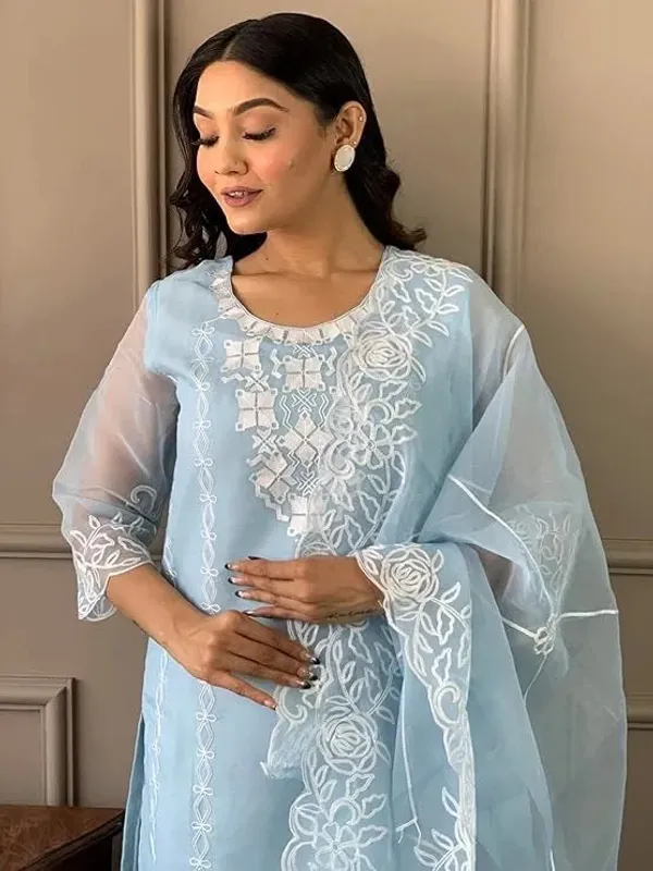 Aqua_Blue_Cotton_Kurta_Pant_And_Dupatta_Set_For_Women