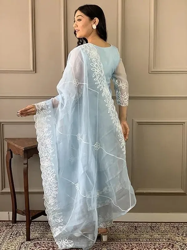 Aqua_Blue_Cotton_Kurta_Pant_And_Dupatta_Set_For_Women