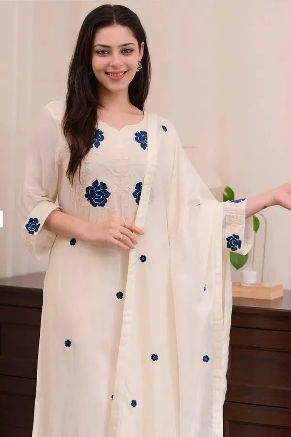 White_Cotton_Kurta_Pant_And_Dupatta_Set_For_Women