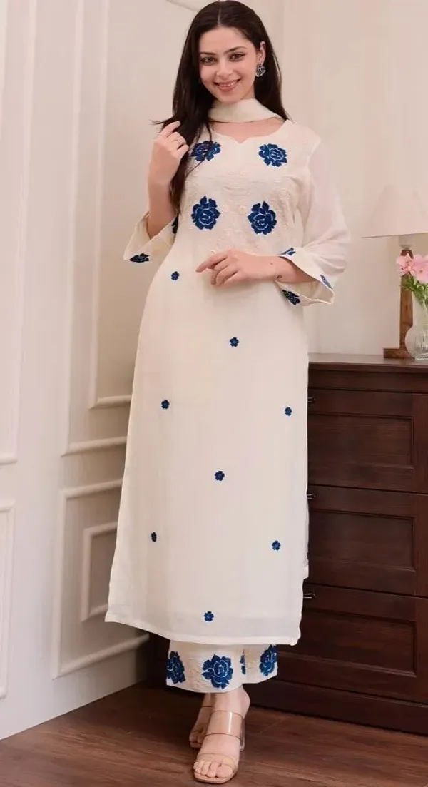 White_Cotton_Kurta_Pant_And_Dupatta_Set_For_Women