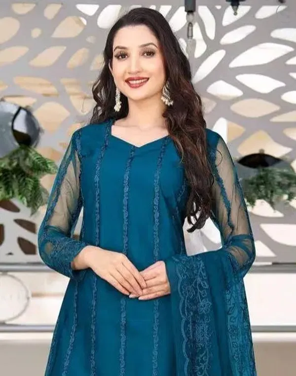 Teal_Cotton_Kurta_Pant_And_Dupatta_Set_For_Women