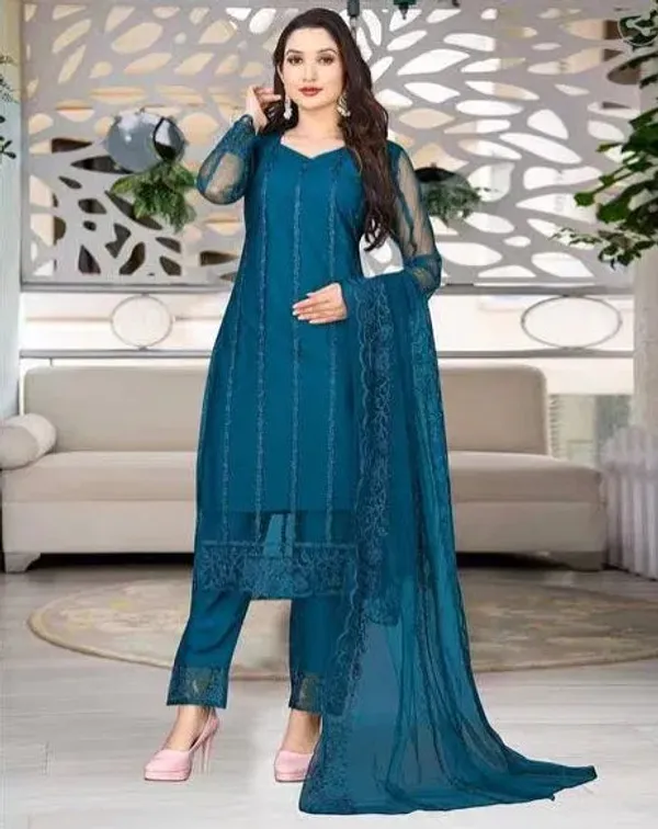 Teal_Cotton_Kurta_Pant_And_Dupatta_Set_For_Women