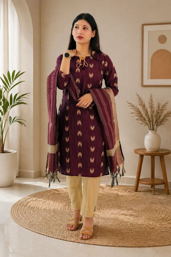 Maroon_Cotton_Kurti_Pant_And_Dupatta_Set_For_Women