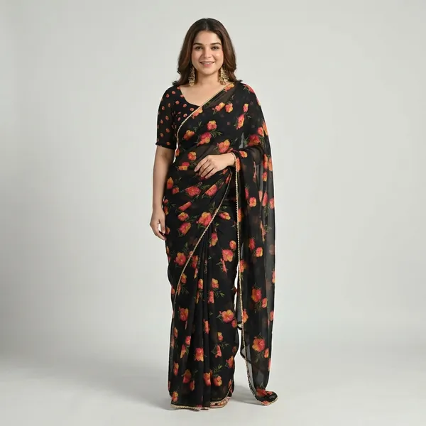 Black_Floral_Print_Saree_With_Unstitched_Blouse_For_Women