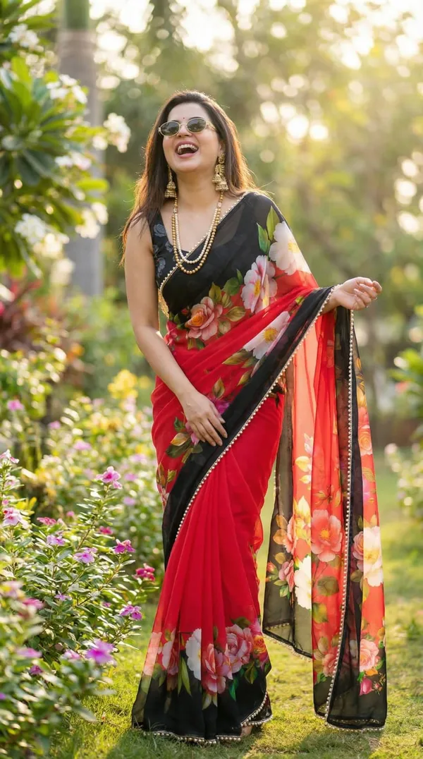 Red_&_Black_Floral_Printed_Saree_With_Border_For_Women